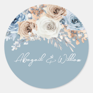 Dusty Blue Bohemian Floral Wedding Engagement Classic Round Sticker