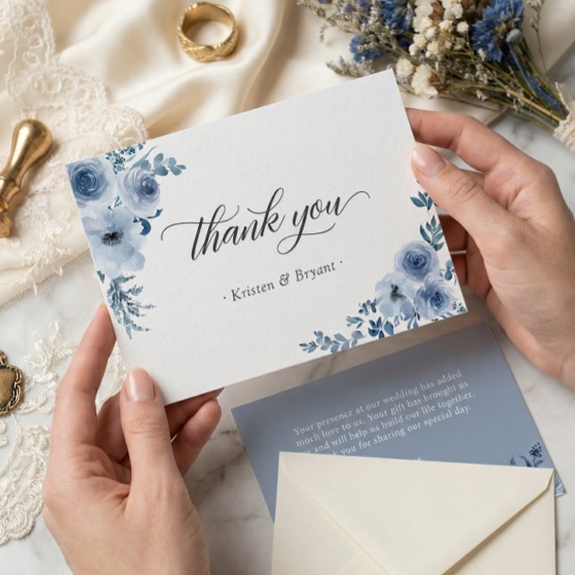 Dusty Blue Bohemian Pastel Floral Wedding Flat Thank You Card (Creator Uploaded)