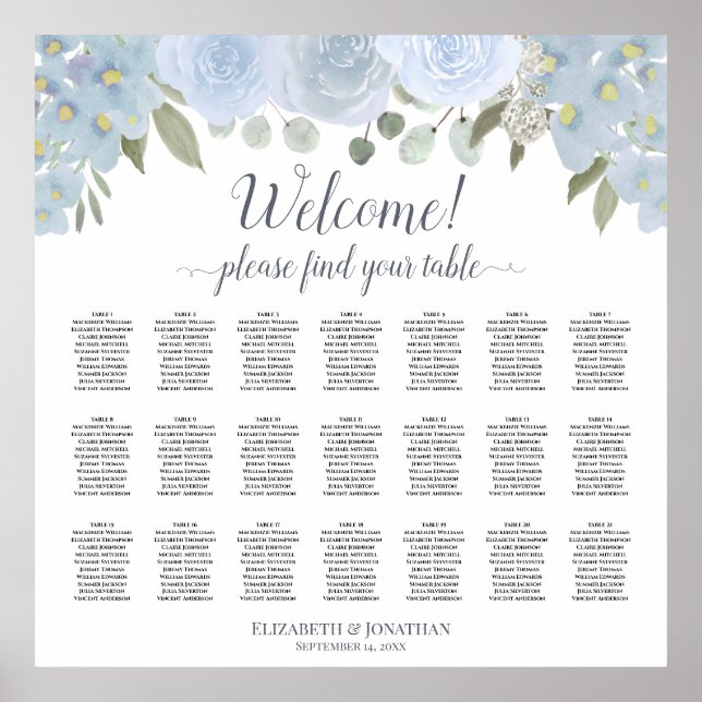 Dusty Blue Boho Chic Floral 21 Table Seating Chart (Front)