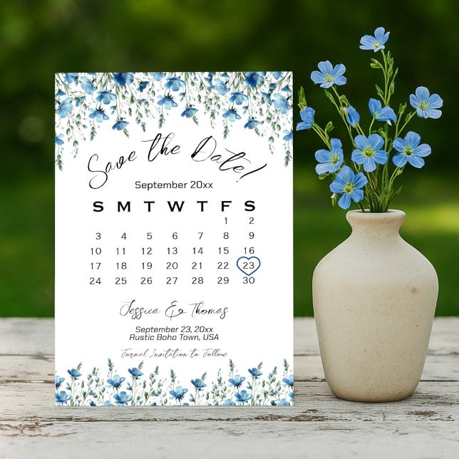 Dusty Blue Boho Chic Wildflowers Wedding Calendar Save The Date (Creator Uploaded)