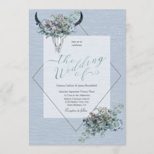 Dusty Blue Boho Cow Skull Floral Watercolor Invitation