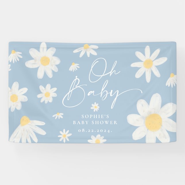 Dusty Blue Boho Daisy Flower Baby Shower Banner (Horizontal)