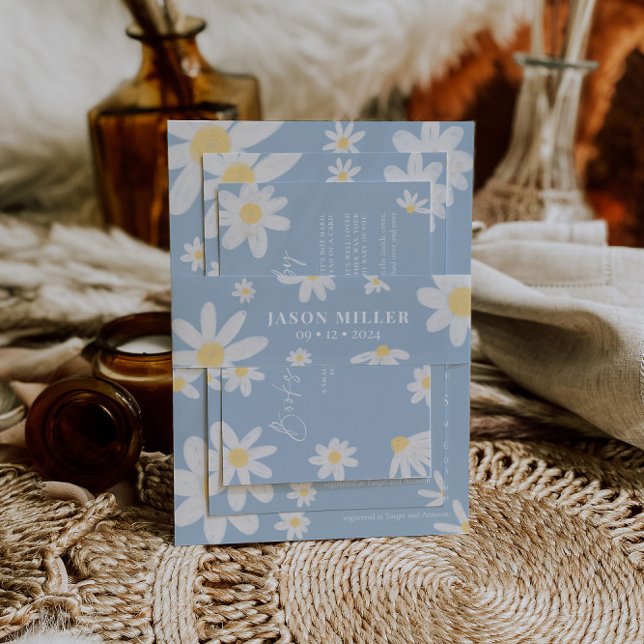 Dusty Blue Boho Daisy Flower Invitation Belly Band (Creator Uploaded)