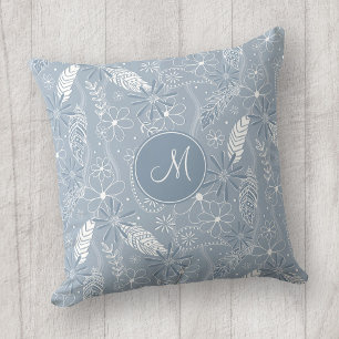 dusty blue boho feathers flowers paislies monogram cushion