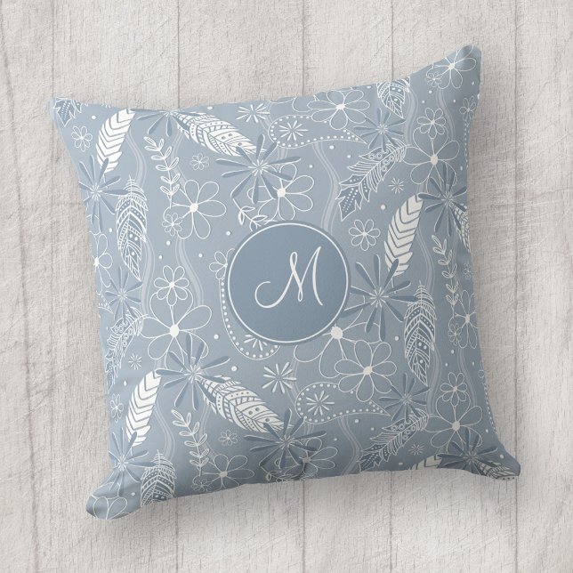 dusty blue boho feathers flowers paislies monogram cushion (Boho doodle pattern on dusty blue pillow with custom monogram)