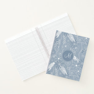 dusty blue boho feathers flowers paislies monogram notebook