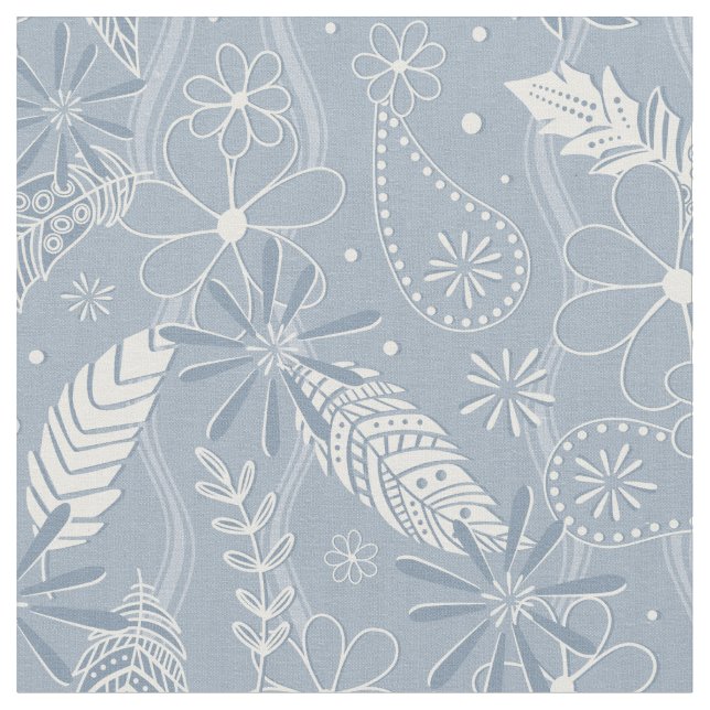 dusty blue boho feathers flowers paislies pattern fabric (Close Up)