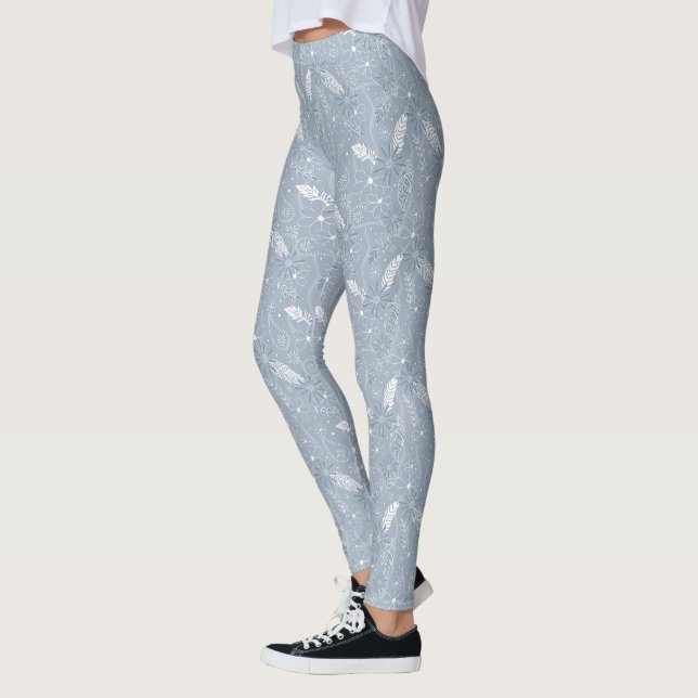 dusty blue boho feathers flowers paislies pattern leggings (Left)