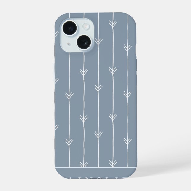 Dusty Blue Boho Fletched Pattern Personalised iPhone 15 Case (Back)