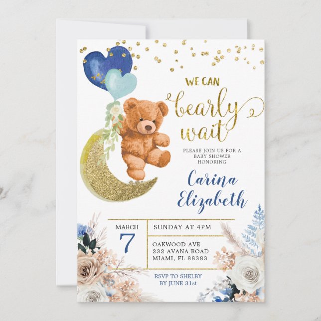 Dusty Blue Boho Floral Bearly Wait Baby Shower Invitation (Front)