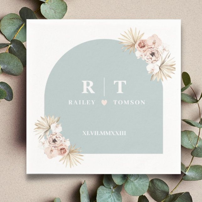 Dusty Blue Boho Floral Elegant Wedding Monogram Napkin (Creator Uploaded)