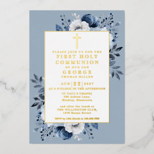 Dusty Blue Boho Floral First Holy Communion Gold