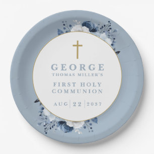 Dusty Blue Boho Floral First Holy Communion Paper Plate
