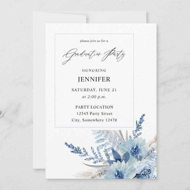 Dusty Blue Boho Floral Graduation Party Invitation (Front)