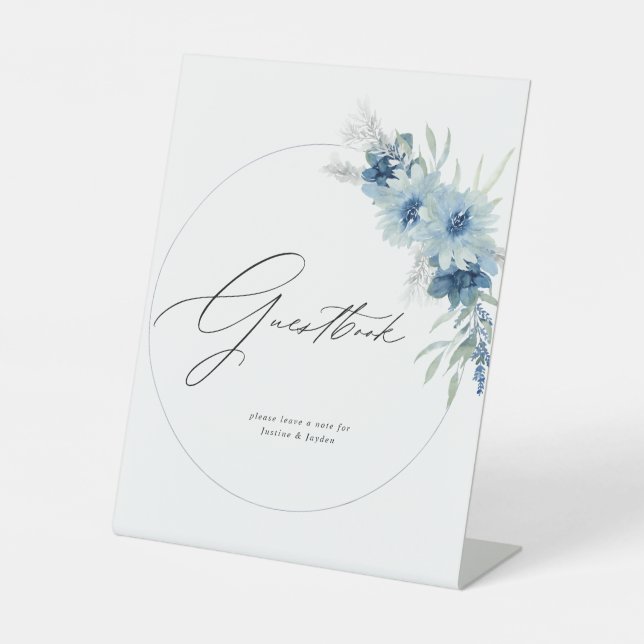 Dusty Blue Boho Floral Guestbook Pedestal Sign (Front)