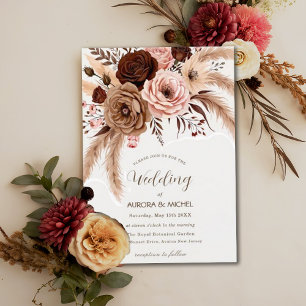 Dusty Blue Boho Floral Pampas Grass Wedding Invitation