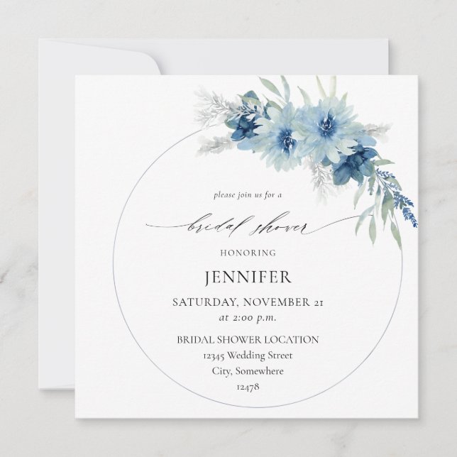 Dusty Blue Boho Floral Ring Bridal Shower Invitation (Front)