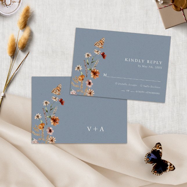Dusty Blue Boho Floral RSVP Card (Dusty Blue Boho Floral RSVP Card with Butterfly Monogram by Painted Paperie
)