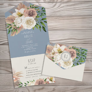 Dusty Blue Boho Floral Wedding All In One Invitation