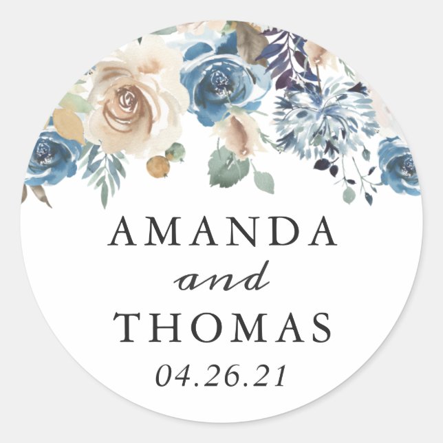 Dusty Blue Boho Floral Wedding Favour Sticker (Front)