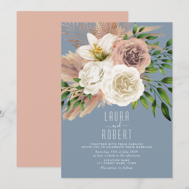 Dusty Blue Boho Floral Wedding Invitation (Front/Back)