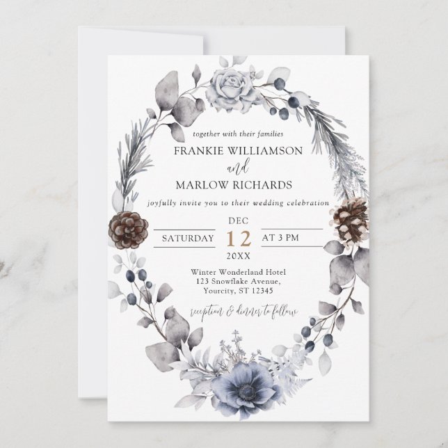 Dusty Blue Boho Floral Winter Wedding Invitation (Front)