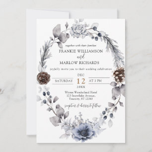 Dusty Blue Boho Floral Winter Wedding Invitation
