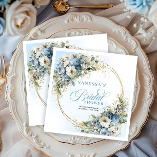 Dusty blue boho florals gold glitter bridal shower napkin