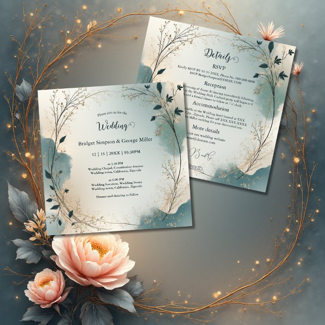 Dusty Blue Boho foliage wreath all in one wedding Invitation (Creator Uploaded)
