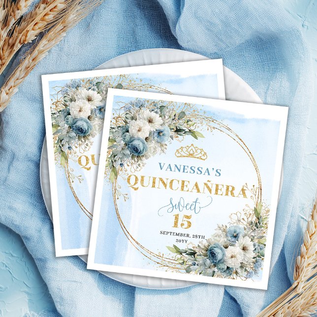 Dusty Blue Boho Greenery Gold Glitter Quinceañera  Napkin (Dusty Blue Boho Greenery Gold Glitter Quinceañera Napkins)