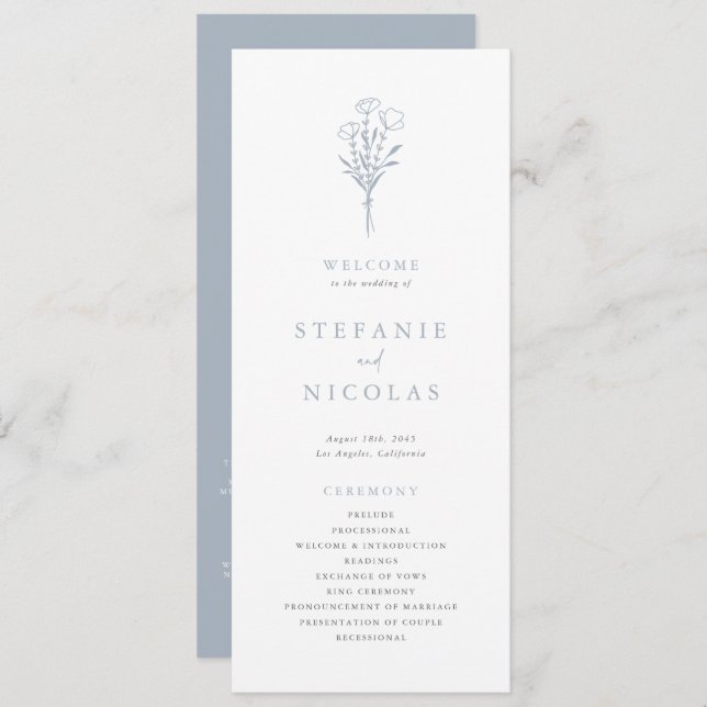 Dusty Blue Boho Minimalist Botanicals Wedding Programme (Front/Back)
