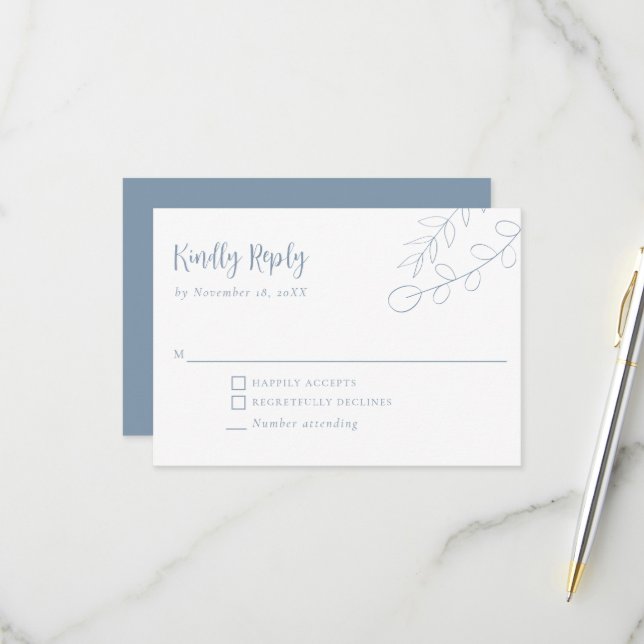 Dusty Blue Boho Minimalist Wedding RSVP Card (Front/Back In Situ)