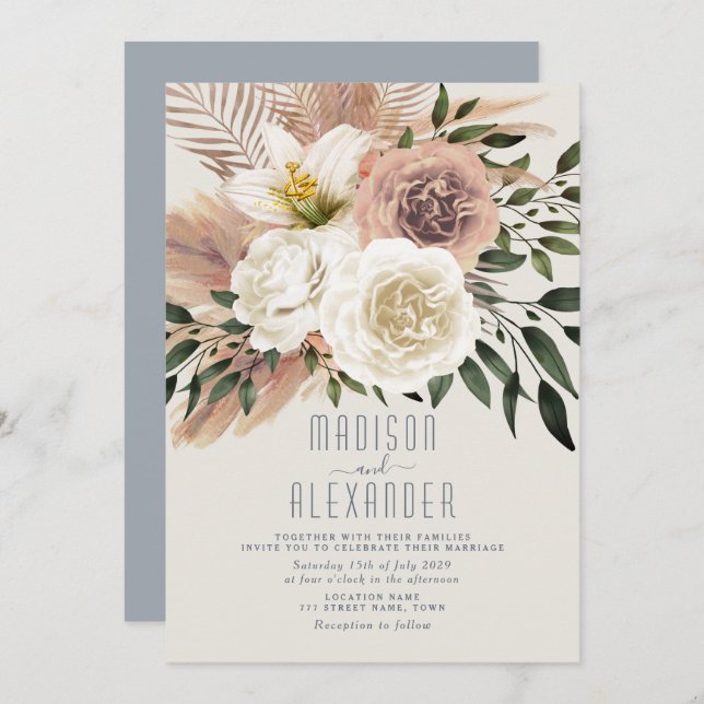 Dusty Blue Boho Pink Floral Wedding Invitation (Front/Back)