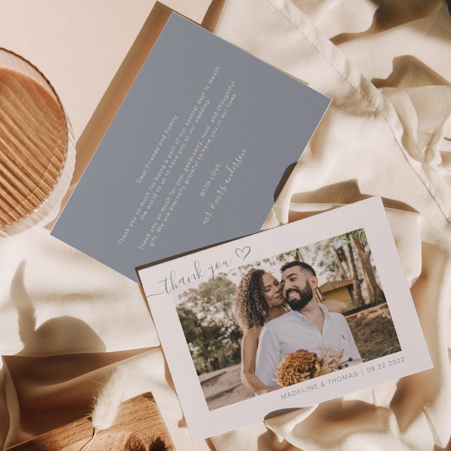 Dusty Blue Boho Simple Photo Heart Script Wedding Thank You Card (Creator Uploaded)