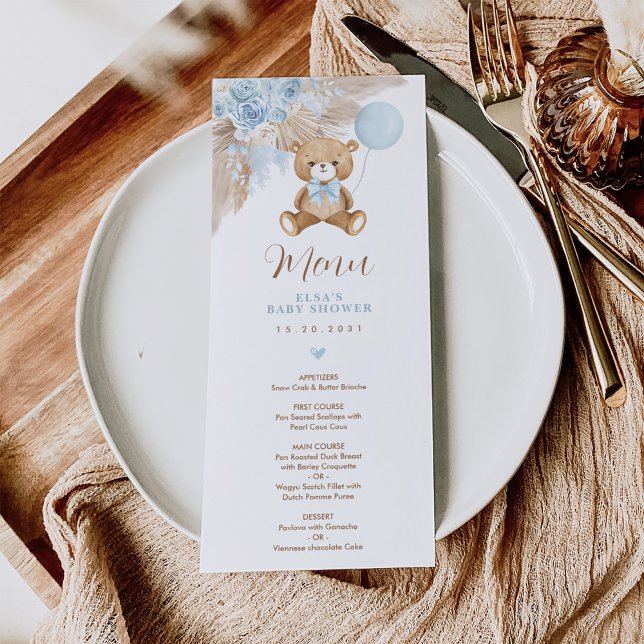Dusty Blue Boho Teddy Bear Balloon Menu Card (Creator Uploaded)