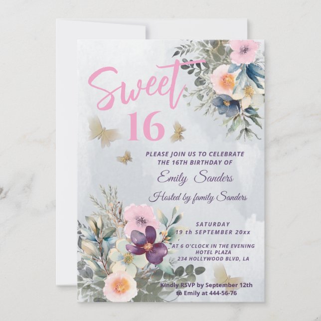 Dusty blue boho watercolor floral greenery  invitation (Front)