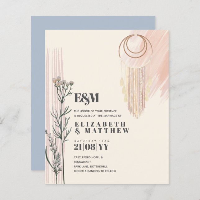 Dusty Blue Boho Wedding Invitations (Front/Back)