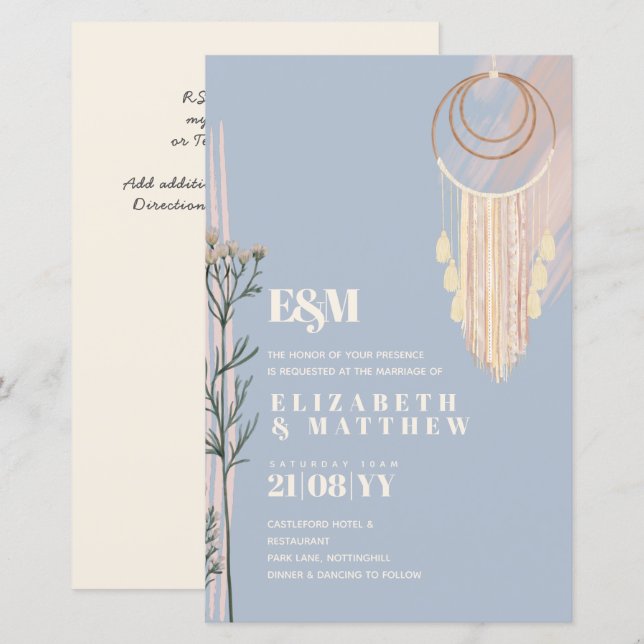 Dusty Blue Boho Wedding Invitations (Front/Back)