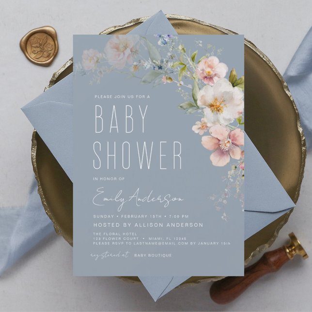 Dusty Blue Boho Wildflower Baby Shower Invitation Flyer (Creator Uploaded)