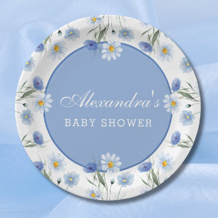 Dusty Blue Boho Wildflower Baby Shower Paper Plate