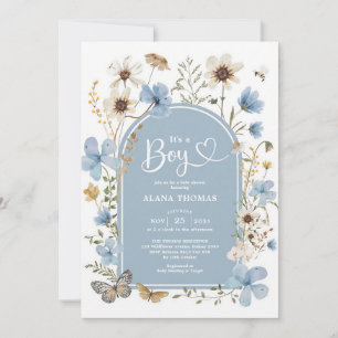 Dusty Blue Boho Wildflower Boy Baby Shower Invitation