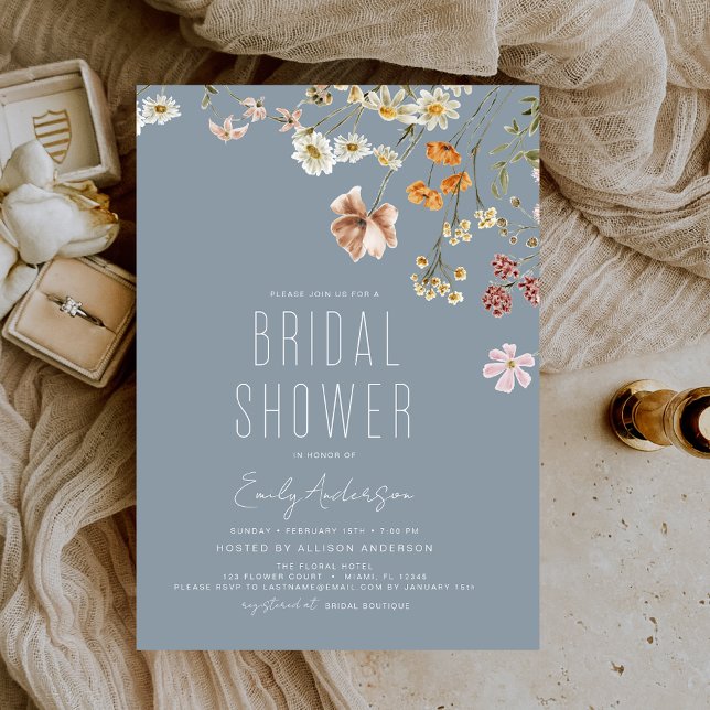 Dusty Blue Boho Wildflower Bridal Shower Elegant Invitation (Creator Uploaded)