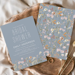 Dusty Blue Boho Wildflower Bridal Shower Elegant Invitation