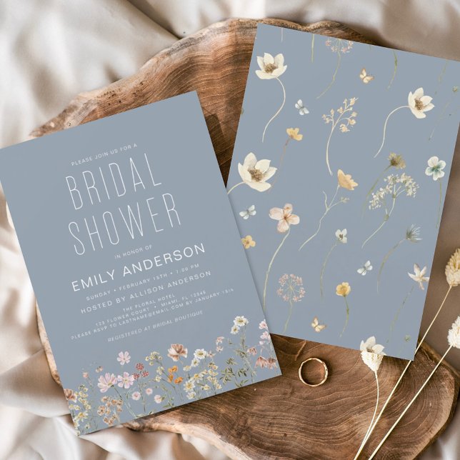 Dusty Blue Boho Wildflower Bridal Shower Elegant Invitation (Creator Uploaded)