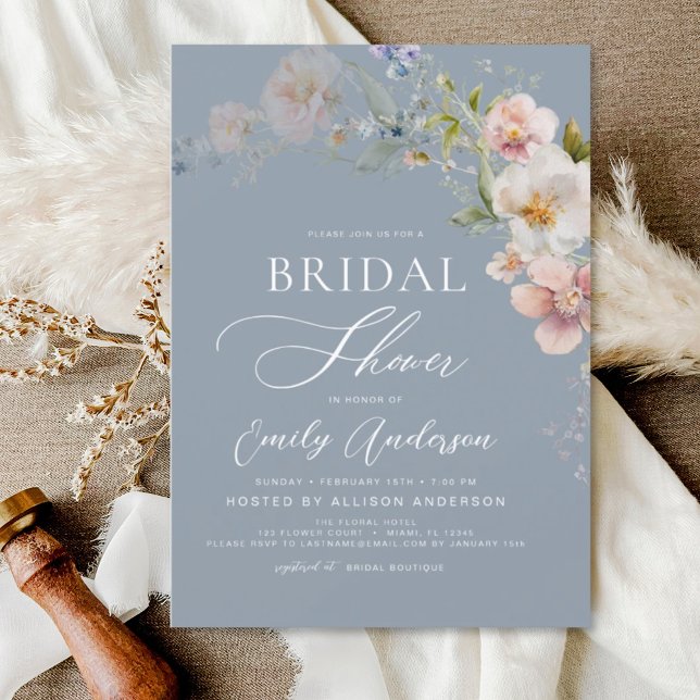 Dusty Blue Boho Wildflower Bridal Shower Elegant Invitation (Creator Uploaded)