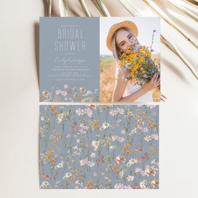 Dusty Blue Boho Wildflower Bridal Shower Photo Invitation (Creator Uploaded)