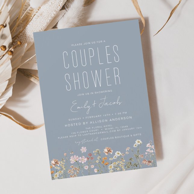 Dusty Blue Boho Wildflower Couples Shower Elegant Invitation (Creator Uploaded)