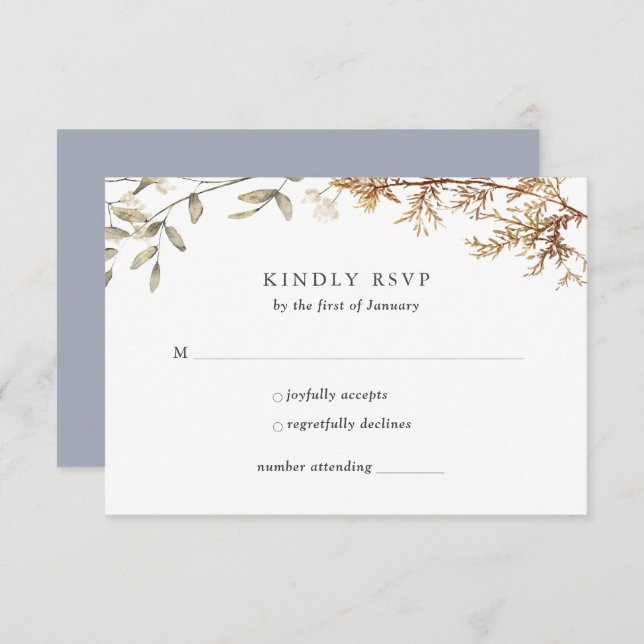 Dusty Blue Boho Wildflower Foliage Wedding RSVP Card (Front/Back)