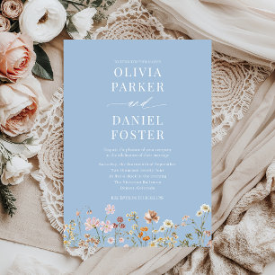 Dusty Blue Boho Wildflower Minimalist Wedding Invitation