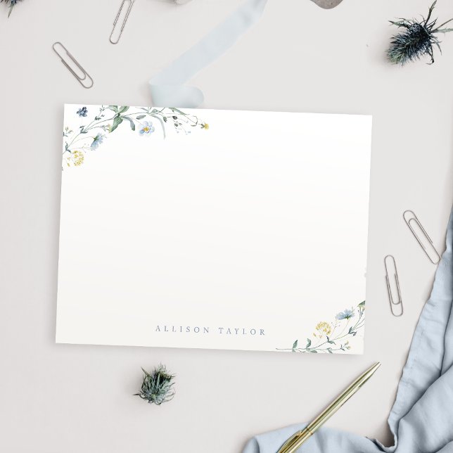 Dusty Blue Boho Wildflower Personalised Stationery Card (Dusty Blue Boho Wildflower Personalized Stationery Note Card)